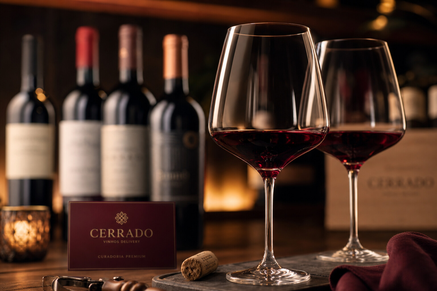 Taças de vinho tinto premium sobre mesa elegante com garrafas selecionadas ao fundo, ambiente sofisticado e acolhedor