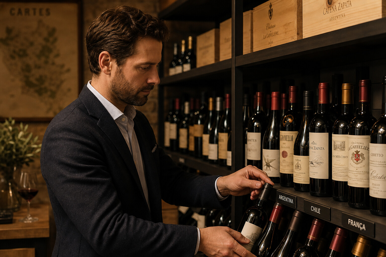 Especialista da Cerrado Vinhos organizando rótulos selecionados para curadoria personalizada